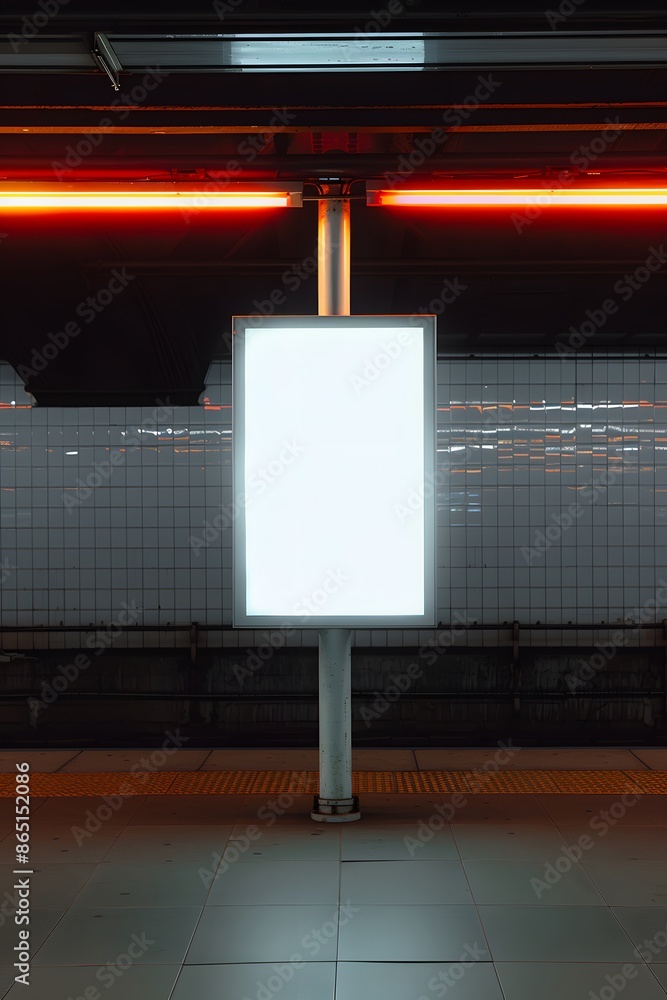 Poster bright empty billboard in a dark subway station with tiled walls and red lighting, perfect for adver