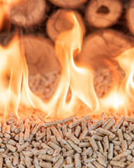 A pile of wood pellets on fire. Behind in defocus there is a wall of wood.