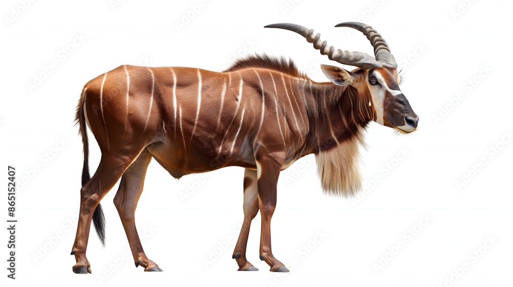 Poster 2. create a high-resolution image of a bongo showcasing its distinctive chestnut coat and spiral hor