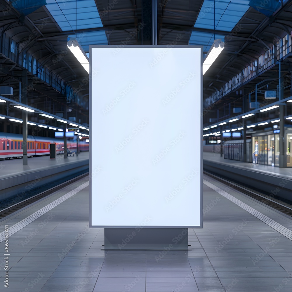 Poster empty advertisement billboard stands on a modern train station platform at night, awaiting display c