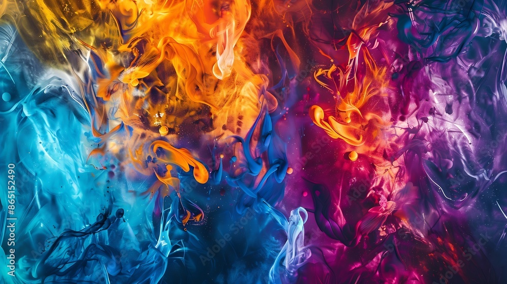 Leinwandbilder Colorful dyes mixed on a fluid art texture Background with colored waves and streams Modern abstract backdrop is created with splatter inks Liquid and smooth forms that were made by mi : Generative AI