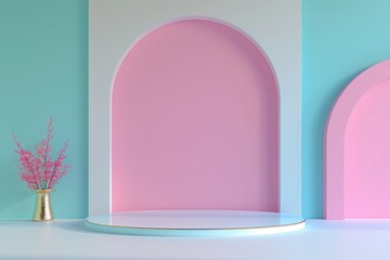 Empty pink and blue pastel product display podium with arch for beauty, cosmetic, fashion branding. Minimal realistic 3D render mockup with flower vase