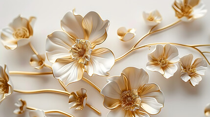 3d gold flowers white backgroung.