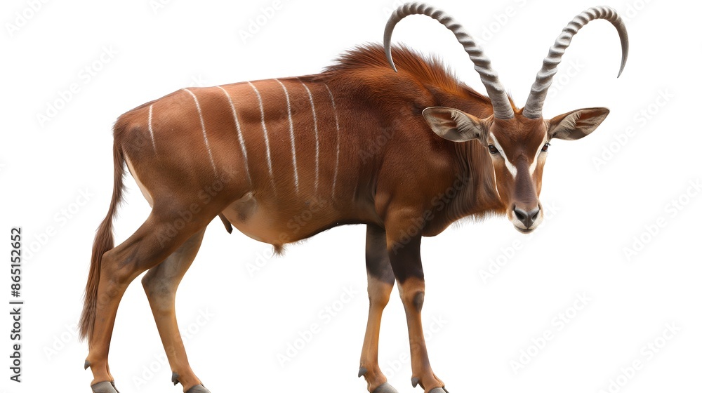 Poster 2. create a high-resolution image of a bongo showcasing its distinctive chestnut coat and spiral hor