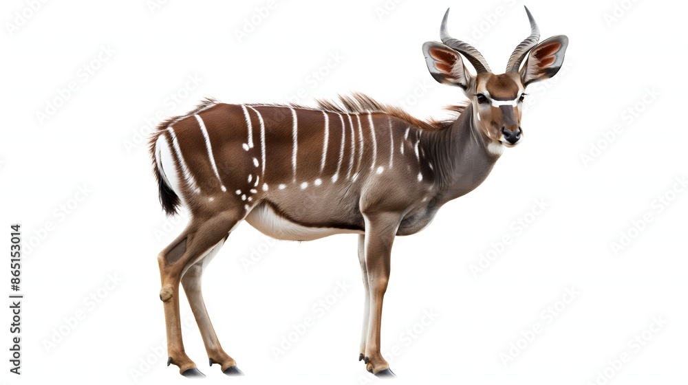 Poster 2. create a high-resolution image of a nyala showcasing its elegant spiral horns and striking coat p