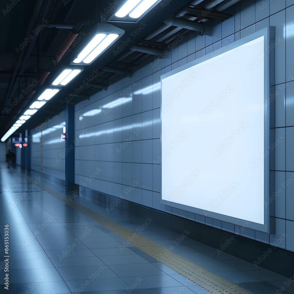 Poster empty billboard in a modern subway station with bright lighting and clean tile walls, ready for cust