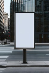 Empty billboard on a deserted city street with tall buildings; ideal for customizable advertisement or marketing display.