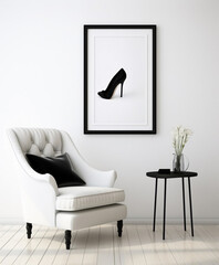 A picture of shoes hangs on a white wall in a stylish bright room with an armchair and a table