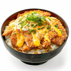 Fototapeta premium A serving of katsudon, breaded and fried pork cutlet served over a bowl of rice with a savory egg and onion sauce, isolated on white background.