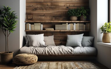 Obraz premium Cozy reading nook with wooden shelves, cushions, and indoor plants, perfect for relaxation and reading in a modern home interior.