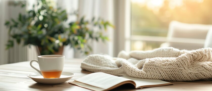 Cozy scene with a cup of tea, an open book, and warm knit blanket on a sunlit table. Perfect for relaxation and comfort.