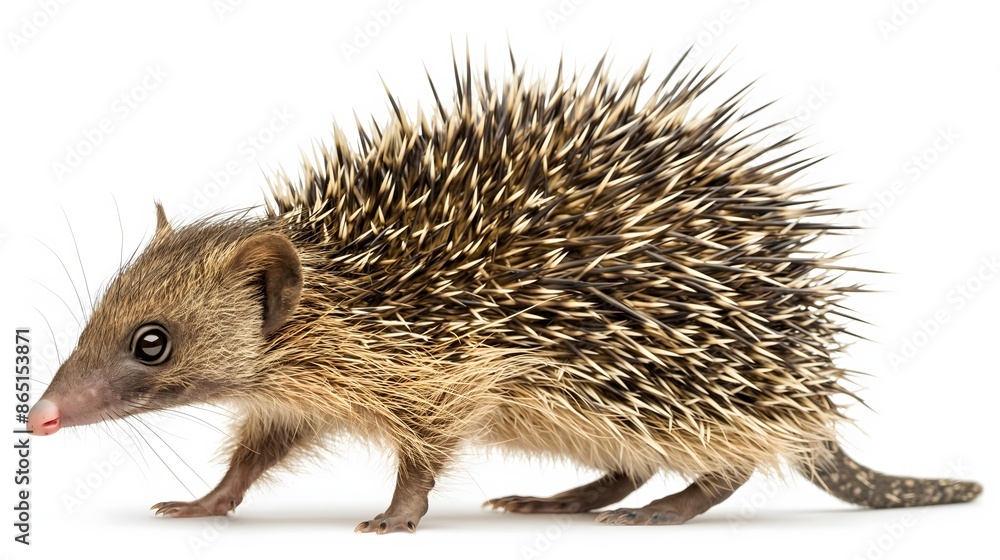 Poster 2. create a high-resolution image of a tenrec showcasing its unique spiny coat and small size, with 