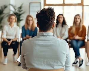 Group therapy session with a diverse team discussing and collaborating in a modern, bright, and comfortable setting