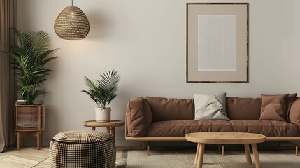 Warm and cozy interior of living room space with brown sofa pouf beige carpet lamp mock up poster frame decoration plant and coffee table Cozy home decor Template : Generative AI