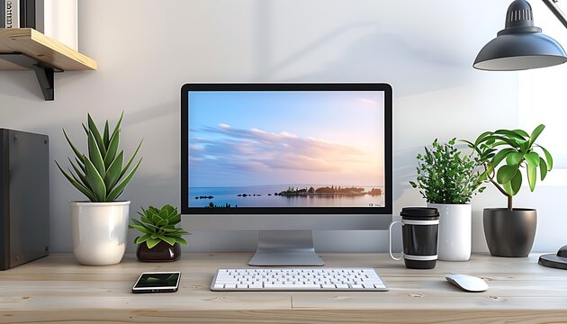 3D illustration PC screen on table in modern room, Workspace