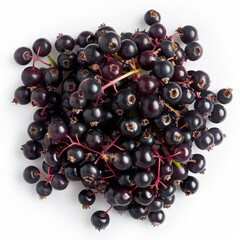 A handful of ripe, juicy elderberries with a deep purple hue, isolated on white background