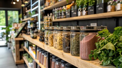 Fototapeta premium A well-organized organic grocery store displays bulk goods in jars and fresh greens, promoting sustainable shopping and healthy eating. 