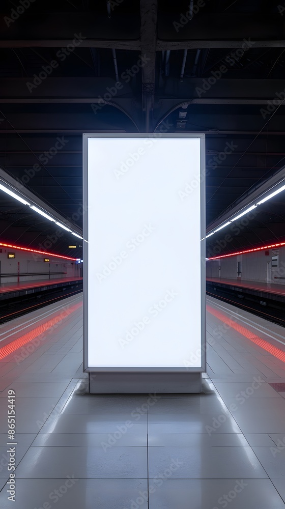 Poster empty illuminated advertisement board in a modern subway station with futuristic design, showcasing 