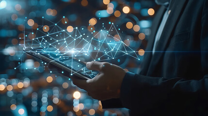 Businessman Holding Tablet Examining Virtual Blockchain Network with Floating Data Fields Close-Up