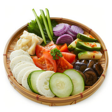 A traditional Japanese tsukemono platter with a variety of pickled vegetables such as cucumber, daikon radish, and eggplant, isolated on white background.