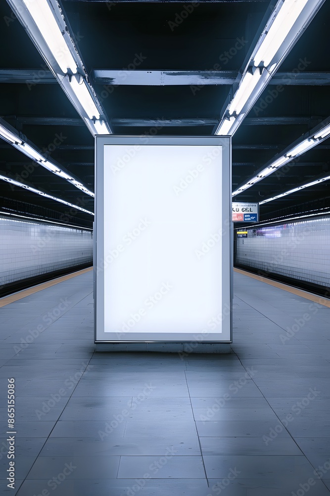 Poster empty illuminated billboard at a modern subway station with moving trains and tiled flooring, perfec