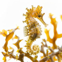 Obraz premium A tiny seahorse clinging to seaweed, isolated on white background