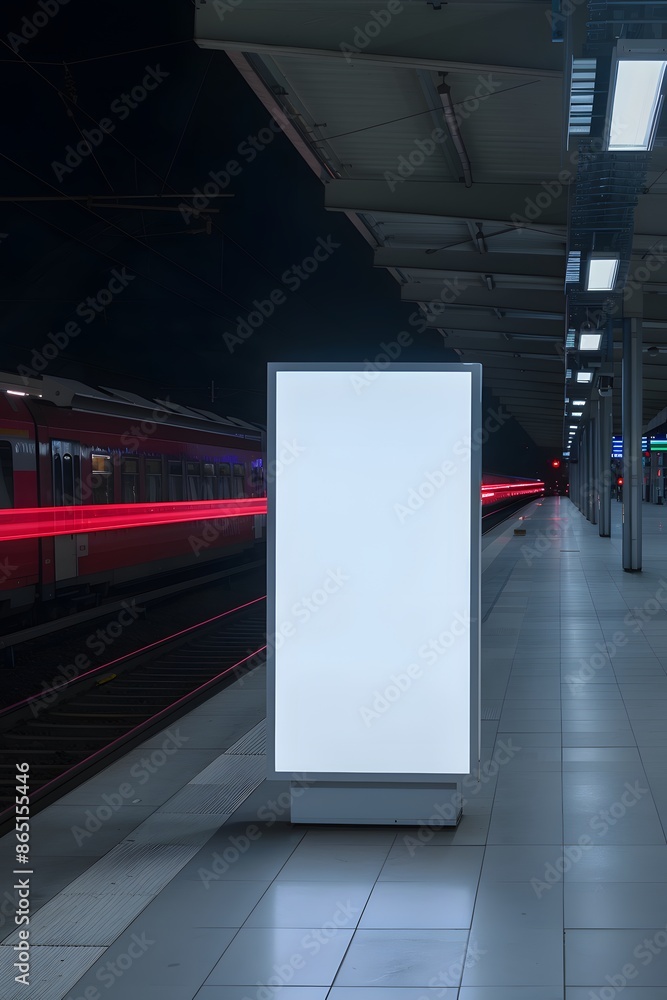 Poster empty illuminated billboard at a modern train station platform with motion-blurred train passing by 
