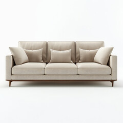 A modern, minimalist sofa with sleek lines and neutral colors, isolated on white background.