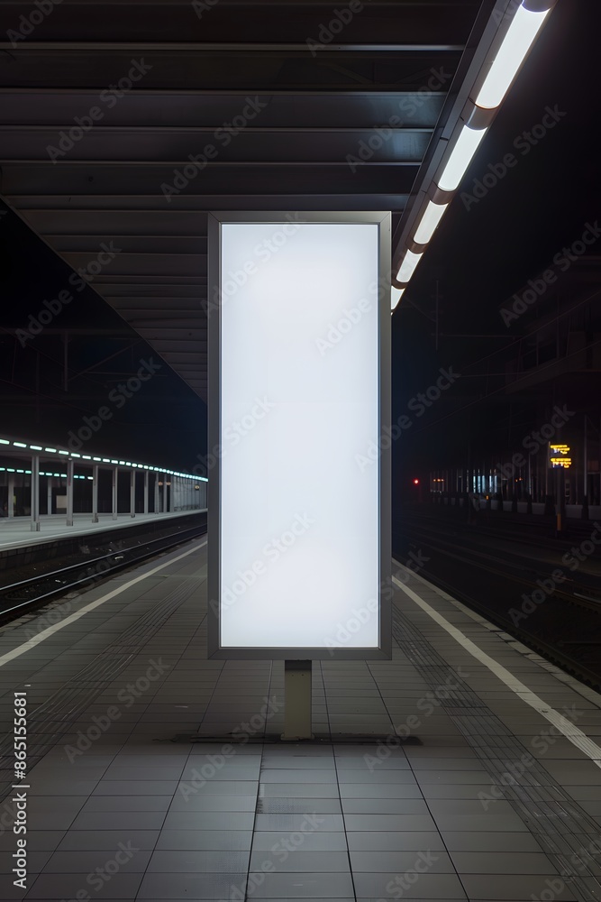 Poster empty illuminated billboard at a train station platform during the night, suitable for advertisement