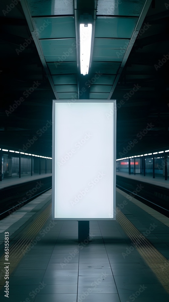 Poster empty illuminated billboard at an underground subway platform. bright blank advertisement space in a