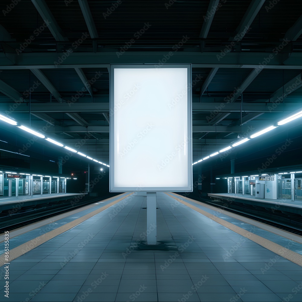Poster empty illuminated billboard at deserted train station platform at night, creating a minimalistic urb