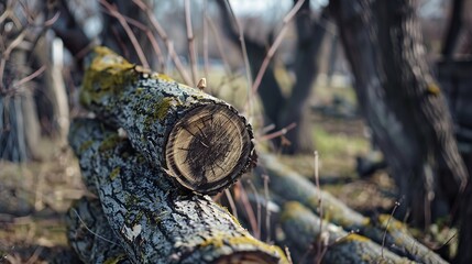 Fototapeta premium spring pruning of trees cut tree trunks mosscovered arbor trunks cut branches of shrubs mistletoe on branches sanitary pruning of trees trimming trees pruning trees gray logs of wood : Generative AI