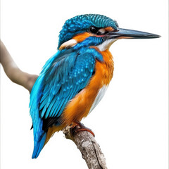 A beautiful kingfisher with its bright blue and orange feathers, perched on a twig, isolated on white background.