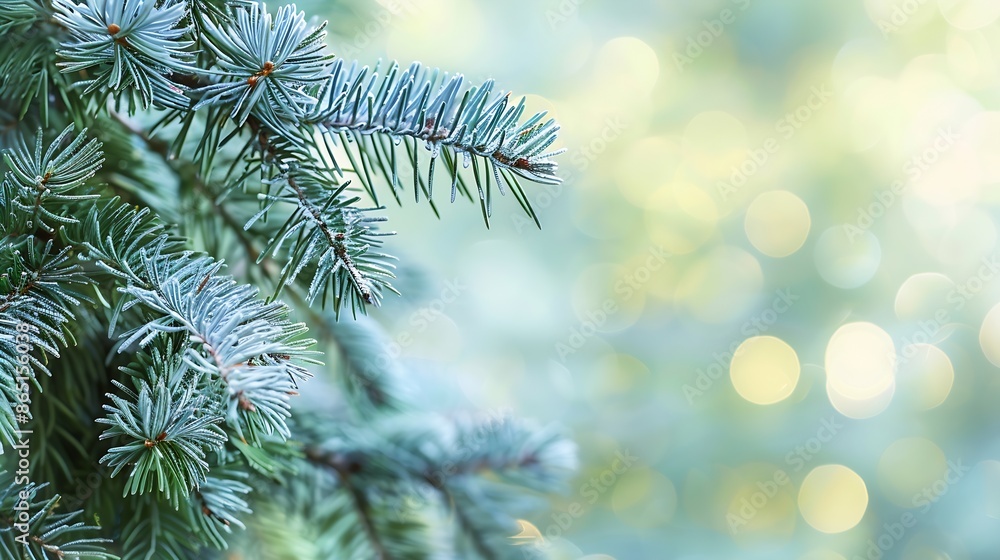Poster Blue spruce and fir tree  branches with fresh green needles on blurred green and an isolated background : Generative AI