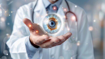 A doctor holding virtual eye iris illustrating futuristic medical technology and eye care concept