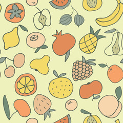 delicious juicy fruits seamless pattern. Bright seamless background for your design. Wrapping paper, textiles, wallpaper. Healthy food. Food doodle. Vector illustration.
