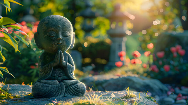 Serene Jizo statue in a tranquil Japanese garden