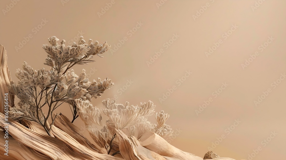 Poster abstract nature scene with a composition of juniper and dry snags neutral beige background for cosme