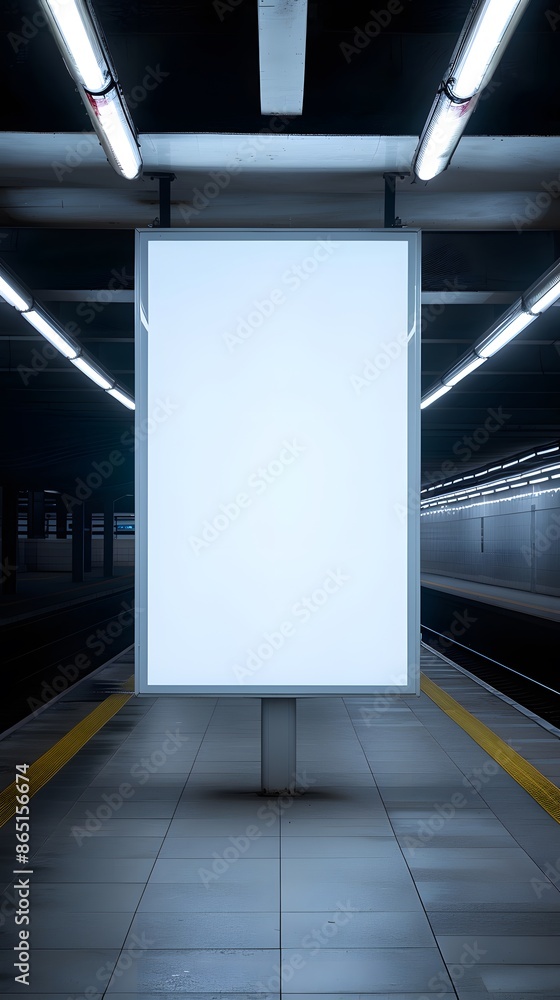 Poster empty illuminated billboard at subway station platform, perfect for advertisements with blank space.