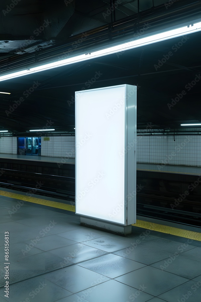 Poster empty illuminated billboard in a dark subway station, perfect for advertisement mockups or design pr