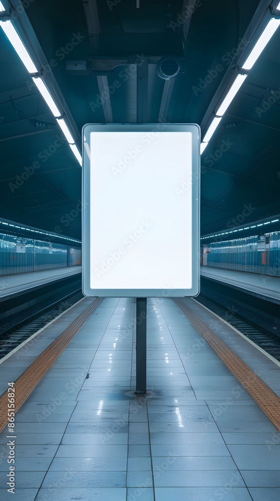 Poster empty illuminated billboard in a deserted modern subway platform with symmetry in lighting and tiles