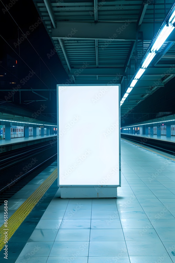 Poster empty illuminated billboard in a deserted modern subway platform with tiled floor and ceiling lights