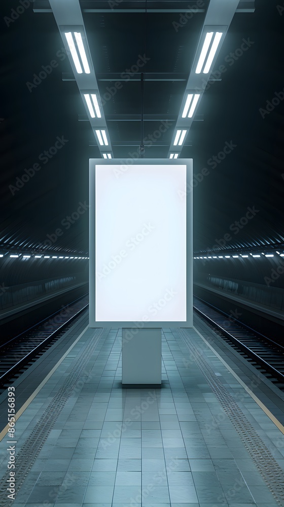 Poster empty illuminated billboard in a deserted modern subway station, with symmetry, lights, and rails di