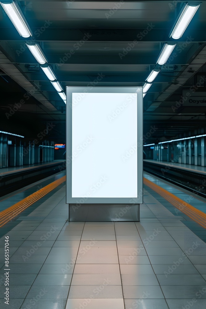Poster empty illuminated billboard in a dimly lit modern subway station, perfect space for advertisements o