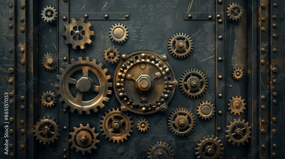 Poster digital safe door with encrypted code and gears