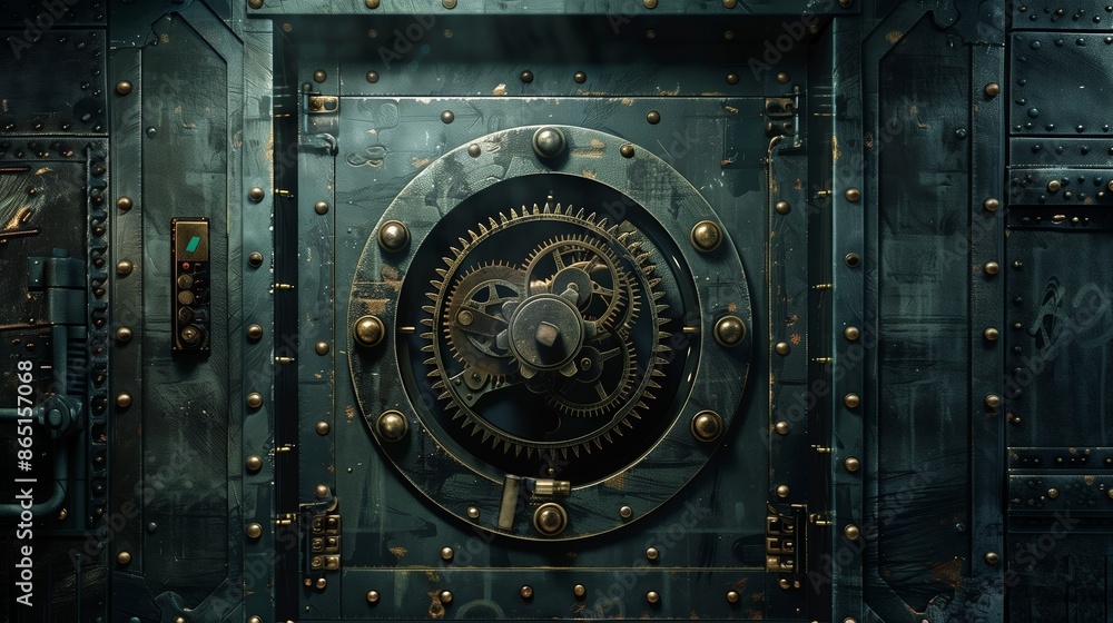 Poster digital safe door with encrypted code and gears