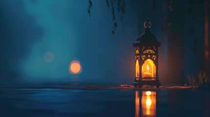 Glowing Lantern with Ramadan Mubarak Message