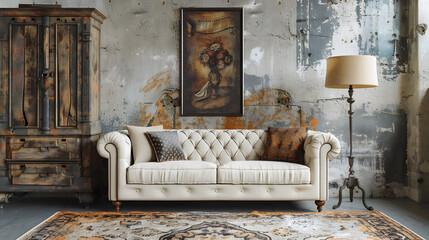 Rustic cabinet near white tufted sofa against concrete wall with art poster