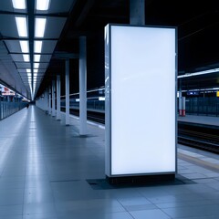 Empty illuminated billboard in a modern subway station at night, perfect for urban advertisement or branding with vibrant lighting.