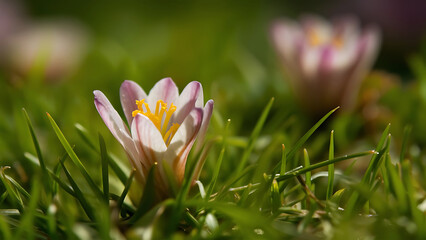 Closeup of Tiny Flower Growing in Fresh Green 
Grass with Blurred Background. Generative Ai